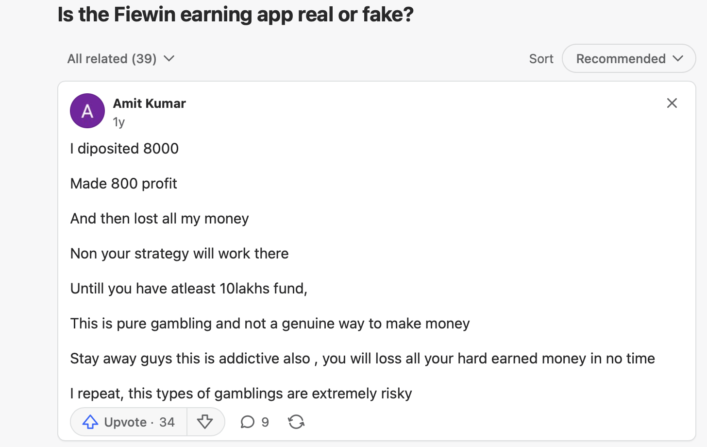 A typical answer on digital platforms to lure users into getting more deposits on the Fiewin app. Source: Quora